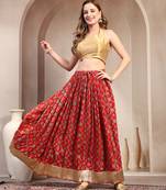 Red floral printed cotton flared maxi skirt for women