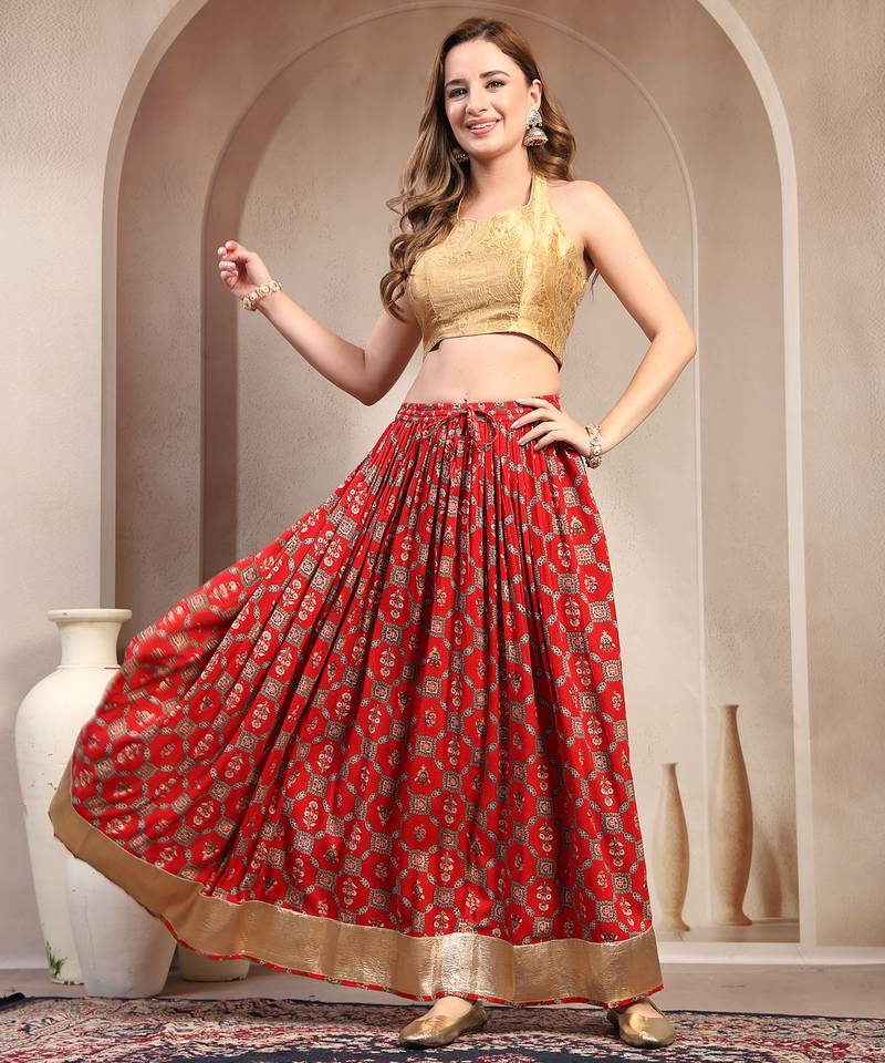 Red floral printed cotton flared maxi skirt for women
