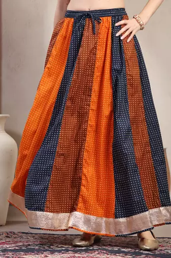 Blue color blocked cotton flared maxi skirt for women