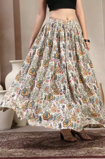 Multicolor floral printed cotton flared maxi skirt for women