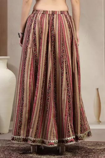 Wine printed cotton flared maxi skirt for women