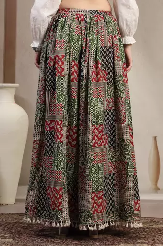 Multicolor floral printed cotton flared maxi skirt for women