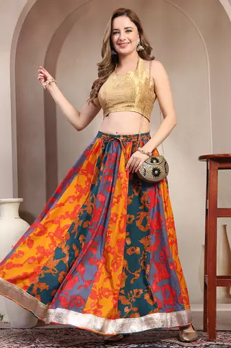 Multicolor color blocked cotton flared maxi skirt for women