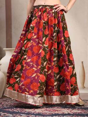 Green floral printed cotton flared maxi skirt for women 2