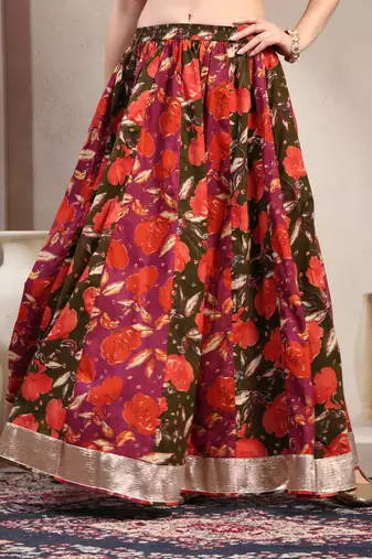 Green floral printed cotton flared maxi skirt for women
