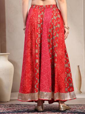 Red color blocked cotton flared maxi skirt for women 3