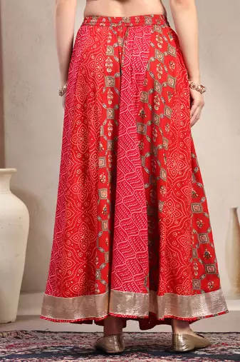 Red color blocked cotton flared maxi skirt for women