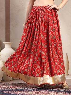 Red floral printed cotton flared maxi skirt for women 2