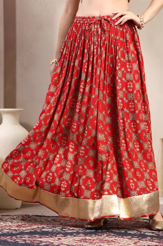 Red floral printed cotton flared maxi skirt for women