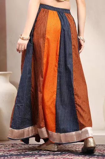 Blue color blocked cotton flared maxi skirt for women