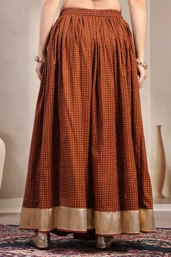 Brown printed cotton flared maxi skirt for women