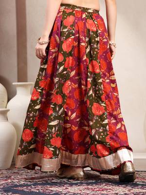 Green floral printed cotton flared maxi skirt for women 3