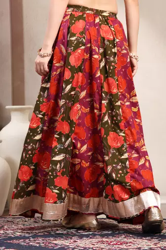 Green floral printed cotton flared maxi skirt for women