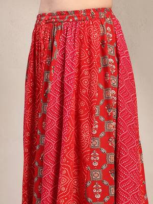 Red color blocked cotton flared maxi skirt for women 4