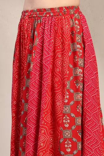 Red color blocked cotton flared maxi skirt for women