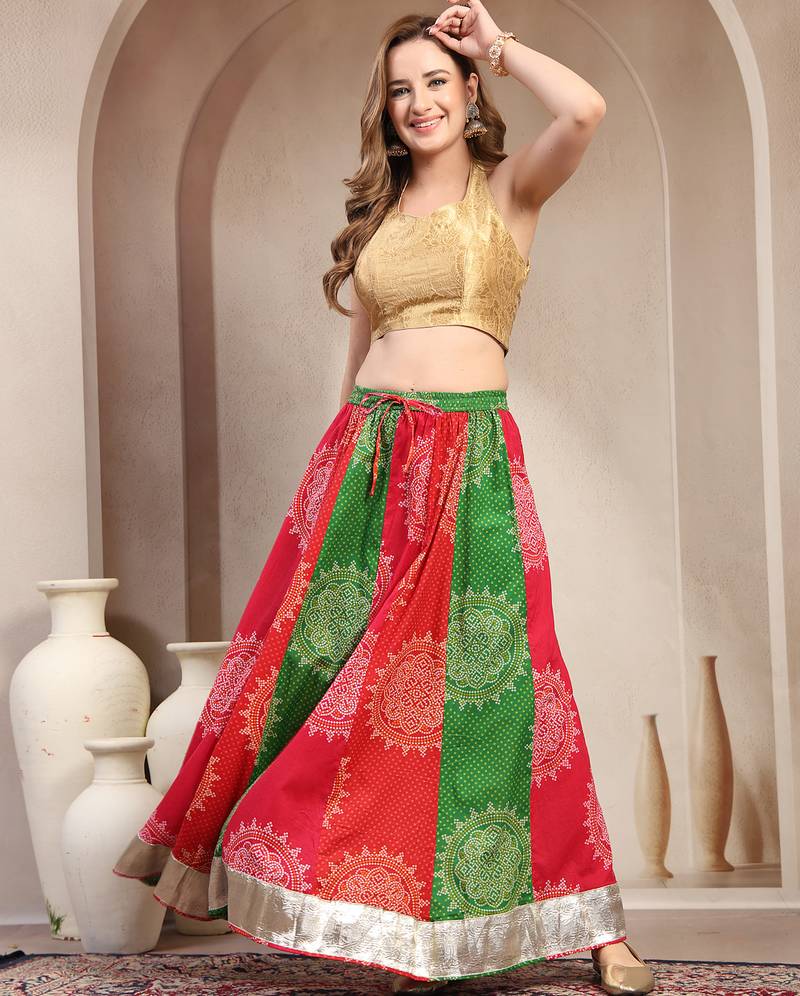 Multicolor floral printed cotton flared maxi skirt for women