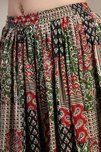 Multicolor floral printed cotton flared maxi skirt for women