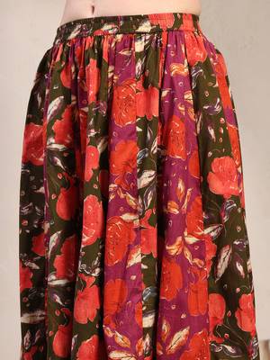 Green floral printed cotton flared maxi skirt for women 4