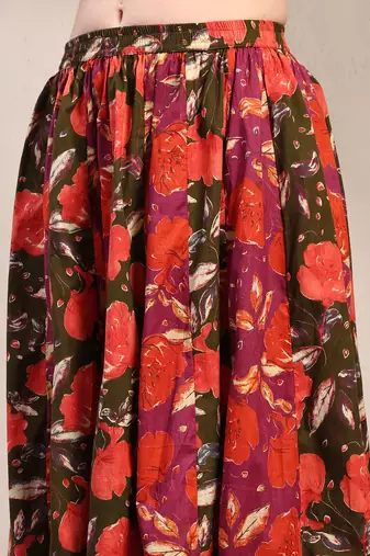 Green floral printed cotton flared maxi skirt for women