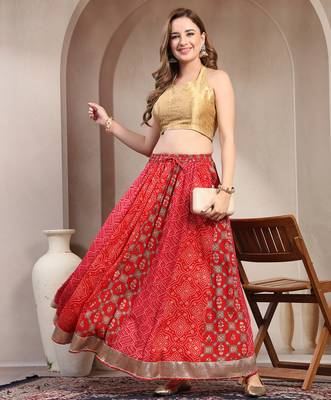 Red color blocked cotton flared maxi skirt for women 5