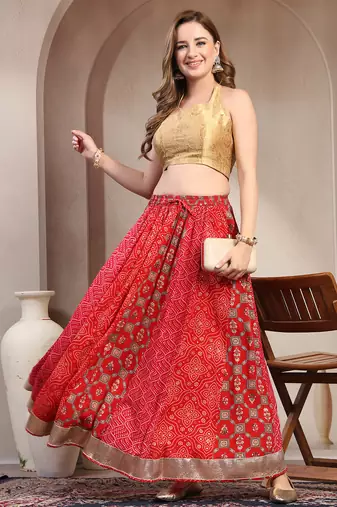Red color blocked cotton flared maxi skirt for women