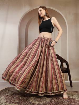 Wine printed cotton flared maxi skirt for women 5