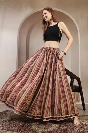 Wine printed cotton flared maxi skirt for women