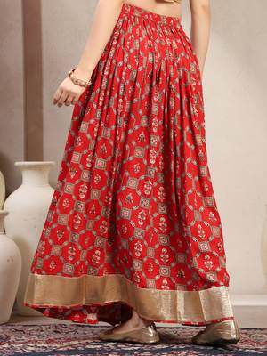 Red floral printed cotton flared maxi skirt for women 3
