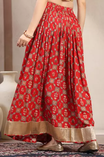 Red floral printed cotton flared maxi skirt for women