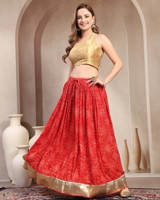Red floral printed cotton flared maxi skirt for women 1