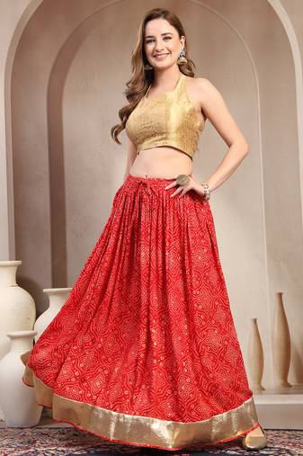 Red floral printed cotton flared maxi skirt for women