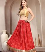 Red floral printed cotton flared maxi skirt for women
