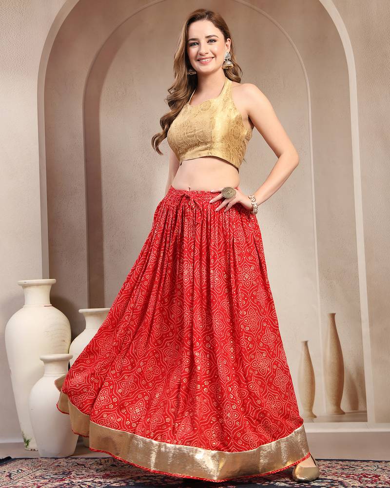 Red floral printed cotton flared maxi skirt for women