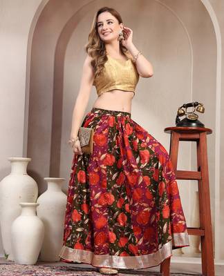 Green floral printed cotton flared maxi skirt for women 5