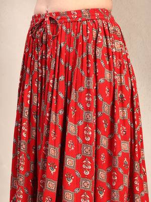 Red floral printed cotton flared maxi skirt for women 4