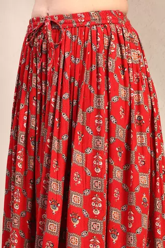 Red floral printed cotton flared maxi skirt for women