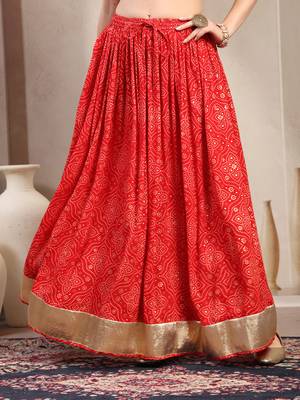 Red floral printed cotton flared maxi skirt for women 2