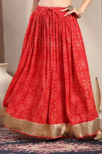Red floral printed cotton flared maxi skirt for women