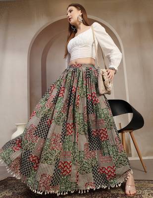 Multicolor floral printed cotton flared maxi skirt for women 5