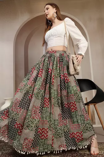Multicolor floral printed cotton flared maxi skirt for women