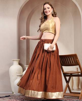 Brown printed cotton flared maxi skirt for women 5