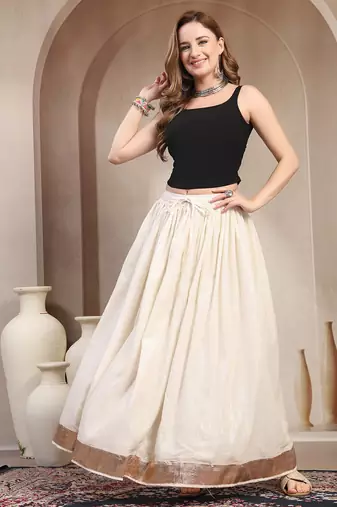 White plain cotton flared maxi skirt for women