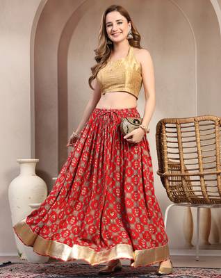 Red floral printed cotton flared maxi skirt for women 5