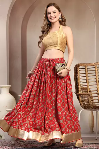 Red floral printed cotton flared maxi skirt for women