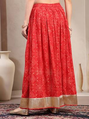 Red floral printed cotton flared maxi skirt for women 3