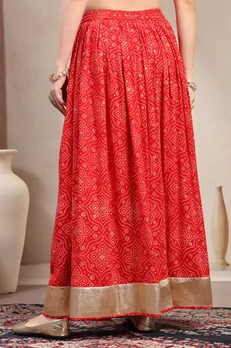 Red floral printed cotton flared maxi skirt for women