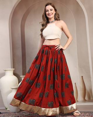 Orange graphic printed cotton flared maxi skirt for women 1