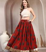 Orange graphic printed cotton flared maxi skirt for women