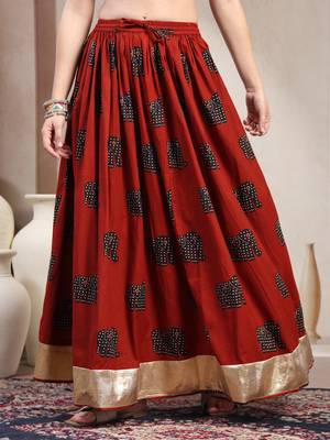 Orange graphic printed cotton flared maxi skirt for women 2