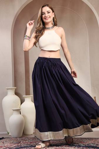Blue plain cotton flared maxi skirt for women